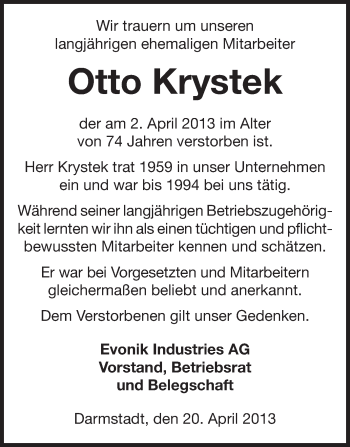 Traueranzeige von Otto Krystek von Echo-Zeitungen (Gesamtausgabe)