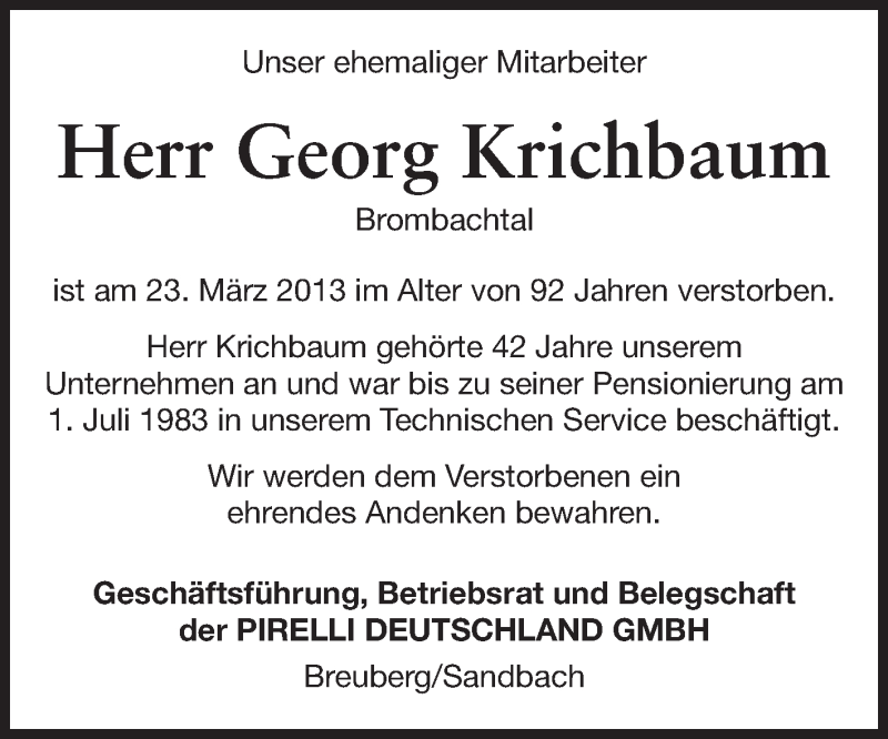  Traueranzeige für Georg Krichbaum vom 18.04.2013 aus Odenwälder Echo