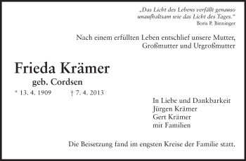 Traueranzeige von Frieda Krämer von Echo-Zeitungen (Gesamtausgabe)