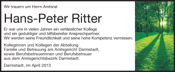 Traueranzeige von Hans-Peter Ritter von Echo-Zeitungen (Gesamtausgabe)