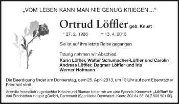 Traueranzeige von Ortrud Löffler von Echo-Zeitungen (Gesamtausgabe)