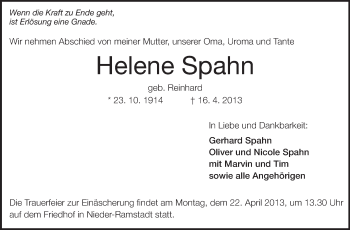 Traueranzeige von Helene Spahn von Echo-Zeitungen (Gesamtausgabe)