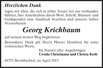 Traueranzeige von Georg Krichbaum von Odenwälder Echo