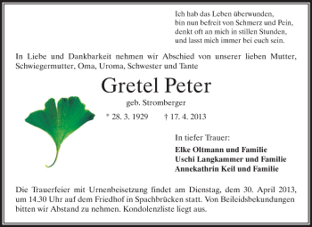 Traueranzeige von Gretel Peter von Echo-Zeitungen (Gesamtausgabe)