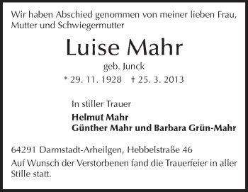 Traueranzeige von Luise Mahr von Echo-Zeitungen (Gesamtausgabe)