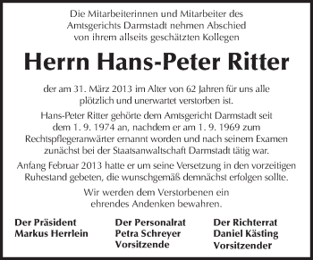 Traueranzeige von Hans-Peter Ritter von Echo-Zeitungen (Gesamtausgabe)