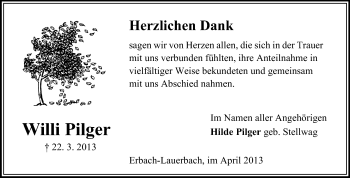 Traueranzeige von Willi Pilger von Echo-Zeitungen (Gesamtausgabe)