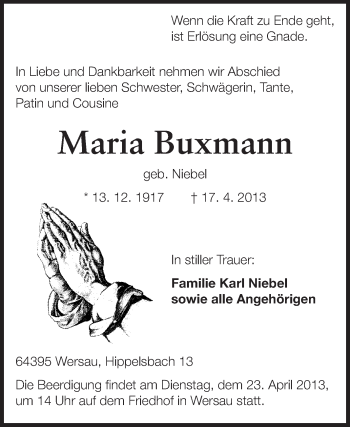 Traueranzeige von Maria Buxmann von Echo-Zeitungen (Gesamtausgabe)