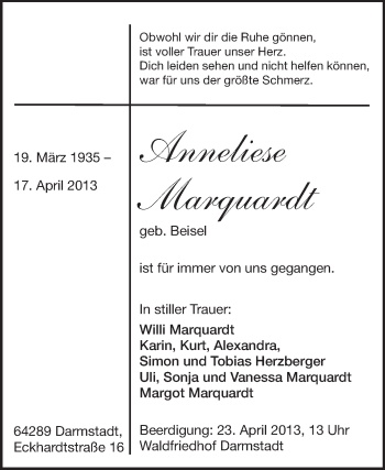 Traueranzeige von Anneliese Marquardt von Echo-Zeitungen (Gesamtausgabe)