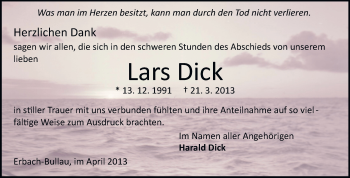 Traueranzeige von Lars Dick von Odenwälder Echo