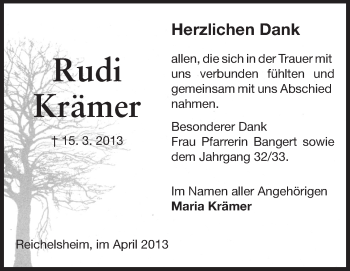 Traueranzeige von Rudi Krämer von Odenwälder Echo