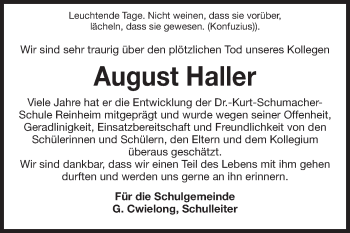 Traueranzeige von August Haller von Echo-Zeitungen (Gesamtausgabe)