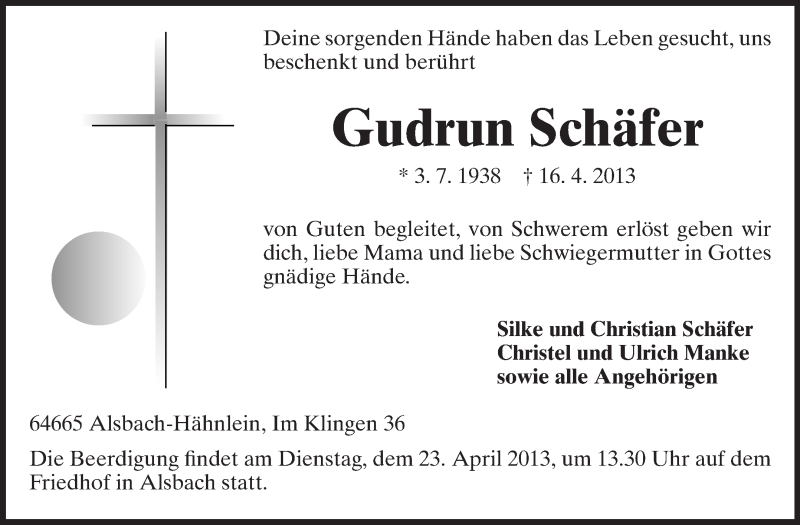  Traueranzeige für Gudrun Schäfer vom 20.04.2013 aus Echo-Zeitungen (Gesamtausgabe)
