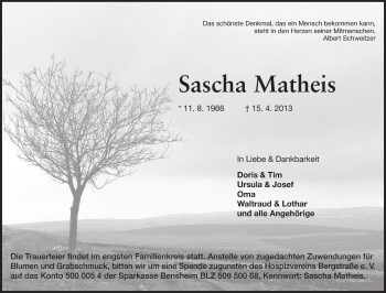 Traueranzeige von Sascha Matheis von Rüsselsheimer Echo, Groß-Gerauer-Echo, Ried Echo