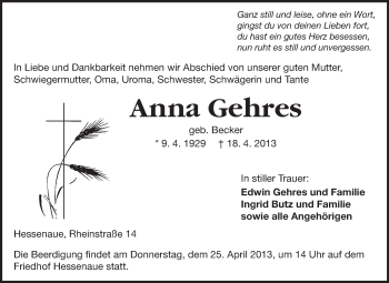Traueranzeige von Anna Gehres von Rüsselsheimer Echo, Groß-Gerauer-Echo, Ried Echo