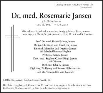 Traueranzeige von Rosemarie Jansen von Echo-Zeitungen (Gesamtausgabe)