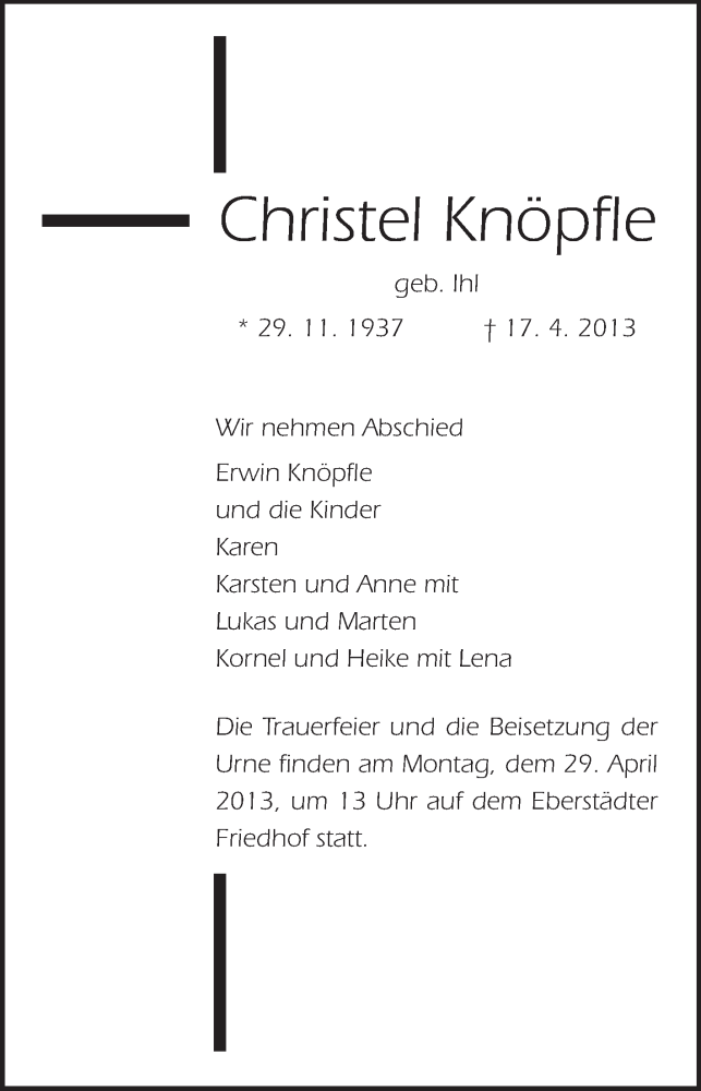 Traueranzeige für Christel Knöpfle vom 27.04.2013 aus Echo-Zeitungen (Gesamtausgabe)