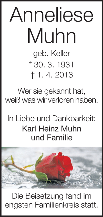 Traueranzeige von Anneliese Muhn von Odenwälder Echo