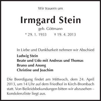 Traueranzeige von Irmgard Stein von Odenwälder Echo