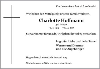 Traueranzeige von Charlotte Hoffmann von Starkenburger Echo