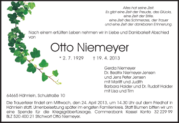 Traueranzeige von Otto Niemeyer von Echo-Zeitungen (Gesamtausgabe)
