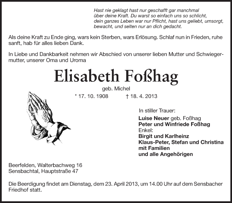  Traueranzeige für Elisabeth Foßhag vom 22.04.2013 aus Odenwälder Echo