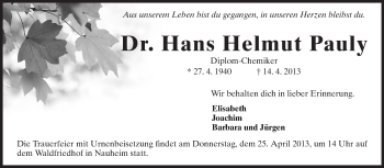 Traueranzeige von Hans Helmut Pauly von Rüsselsheimer Echo, Groß-Gerauer-Echo, Ried Echo