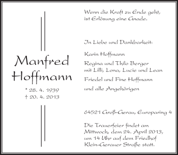 Traueranzeige von Manfred Hoffmann von Rüsselsheimer Echo, Groß-Gerauer-Echo, Ried Echo