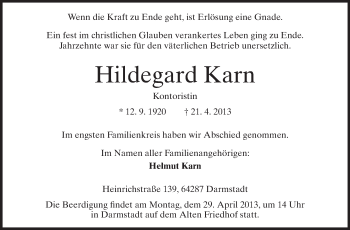 Traueranzeige von Hildegard Karn von Echo-Zeitungen (Gesamtausgabe)