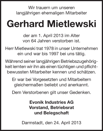 Traueranzeige von Gerhard Mietlewski von Echo-Zeitungen (Gesamtausgabe)