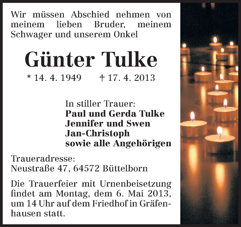  Traueranzeige für Günter Tulke vom 02.05.2013 aus Echo-Zeitungen (Gesamtausgabe)