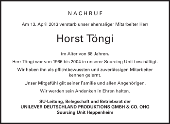 Traueranzeige von Horst Töngi von Starkenburger Echo