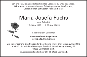 Traueranzeige von Maria Josefa Fuchs von Echo-Zeitungen (Gesamtausgabe)
