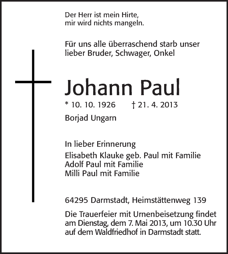  Traueranzeige für Johann Paul vom 27.04.2013 aus Echo-Zeitungen (Gesamtausgabe)
