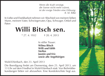 Traueranzeige von Willi Bitsch von Starkenburger Echo
