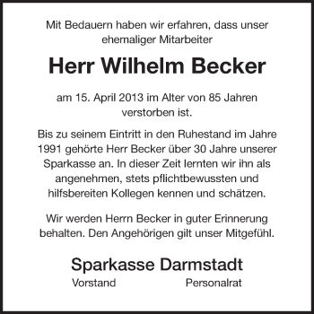 Traueranzeige von Wilhelm Becker von Echo-Zeitungen (Gesamtausgabe)