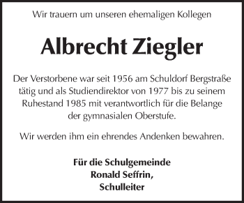 Traueranzeige von Albrecht Ziegler von Darmstädter Echo