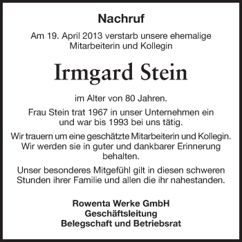 Traueranzeige von Irmgard Stein von Odenwälder Echo