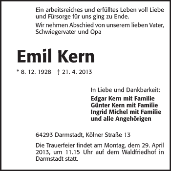 Traueranzeige von Emil Kern von Echo-Zeitungen (Gesamtausgabe)