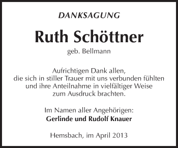 Traueranzeige von Ruth Schöttner von Starkenburger Echo