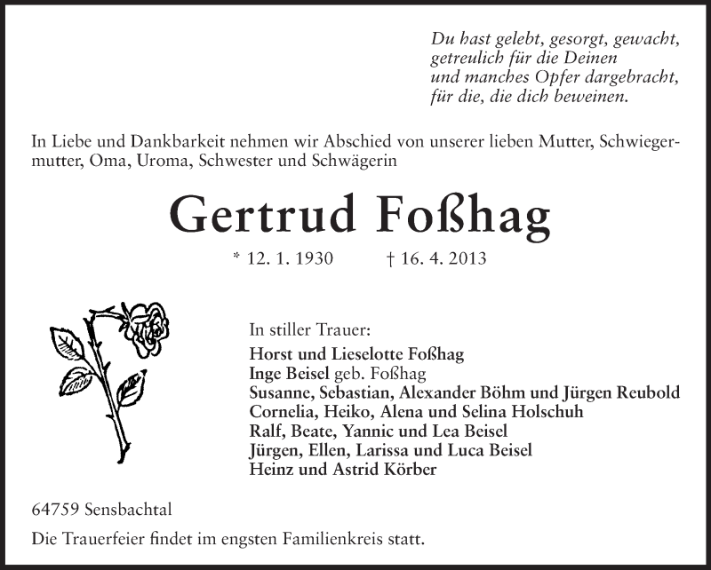  Traueranzeige für Gertrud Foßhag vom 24.04.2013 aus Odenwälder Echo