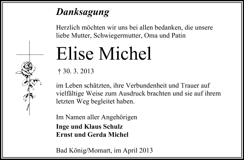  Traueranzeige für Elise Michel vom 24.04.2013 aus Odenwälder Echo