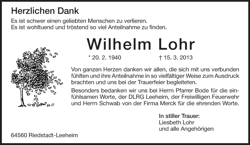  Traueranzeige für Wilhelm Lohr vom 24.04.2013 aus Echo-Zeitungen (Gesamtausgabe)