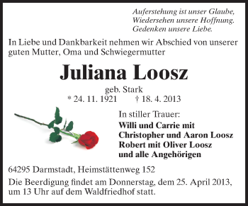 Traueranzeige von Juliana Loosz von Echo-Zeitungen (Gesamtausgabe)