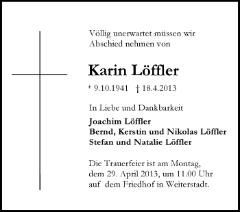 Traueranzeige von Karin Löffler von Echo-Zeitungen (Gesamtausgabe)