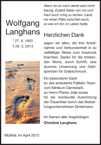Traueranzeige von Wolfgang Langhans von Echo-Zeitungen (Gesamtausgabe)