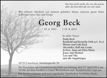Traueranzeige von Georg Beck von Odenwälder Echo