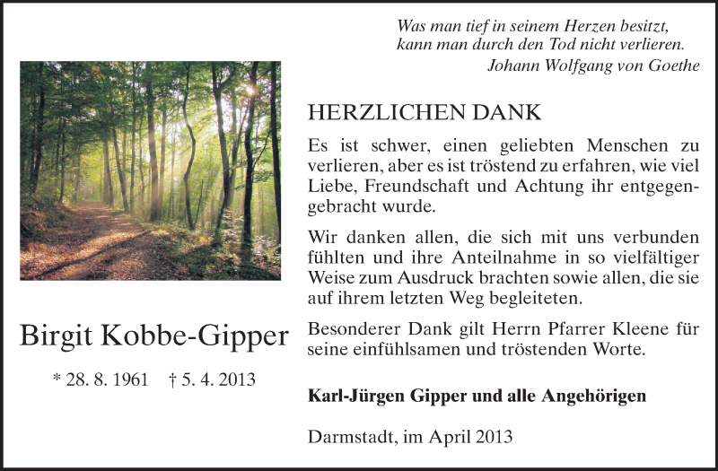  Traueranzeige für Birgit Kobbe-Gipper vom 27.04.2013 aus Echo-Zeitungen (Gesamtausgabe)