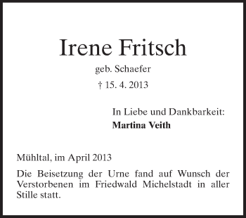 Traueranzeige von Irene Fritsch von Echo-Zeitungen (Gesamtausgabe)