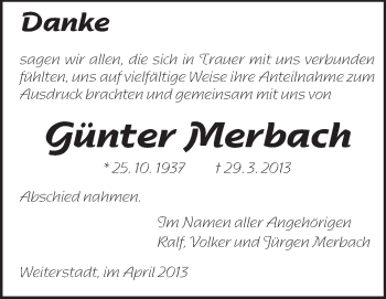 Traueranzeige von Günter Merbach von Darmstädter Echo, Odenwälder Echo, Rüsselsheimer Echo, Groß-Gerauer-Echo, Ried Echo